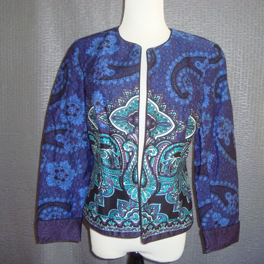 Coldwater Creek Blue Teal Paisley Print Open Front Lined Blazer-Jacket Size P6